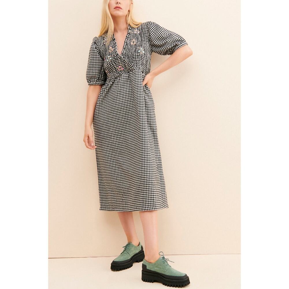 Tach Clothing Adelfa Black White Gingham Embroidered Smocked Midi Dress XL